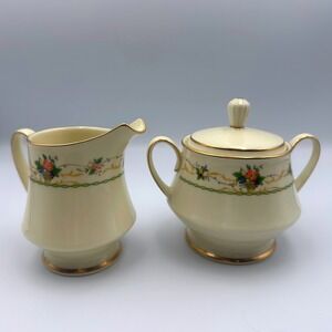 VTG Noritake Normandy 8162 Creamer & Sugar Bowl w/ Lid Japan Floral Gold Trim